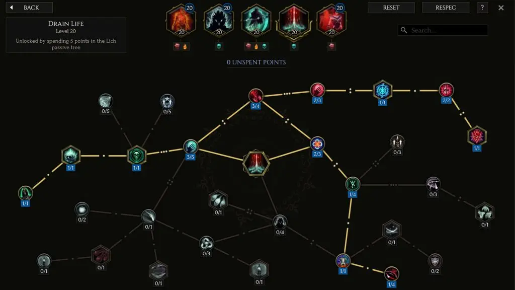 Drain Life skill tree for the Necromancer in Last Epoch