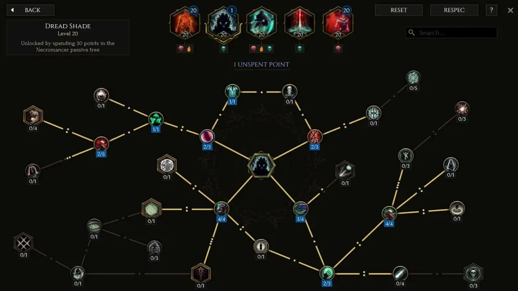 Dread Shade skill tree for the Necromancer in Last Epoch