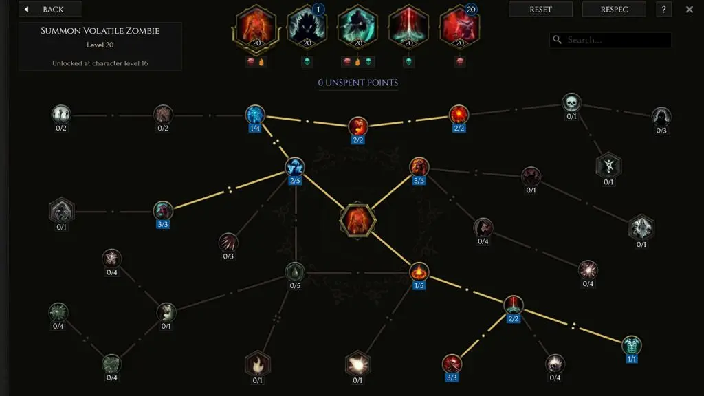 Summon Volatile Zombie skill tree for the Necromancer in Last Epoch