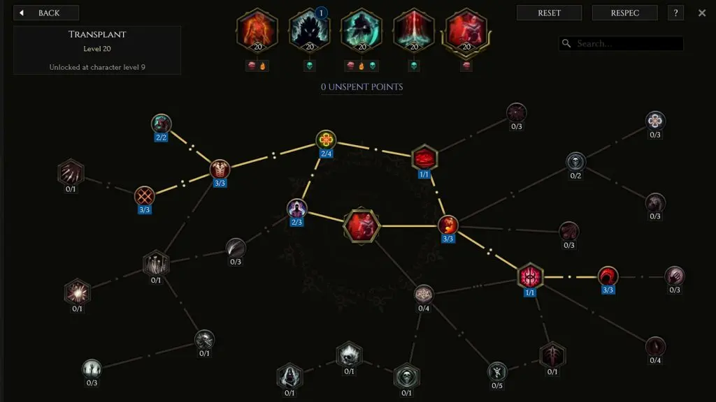 Transplant Skill tree for the Necromancer in Last Epoch