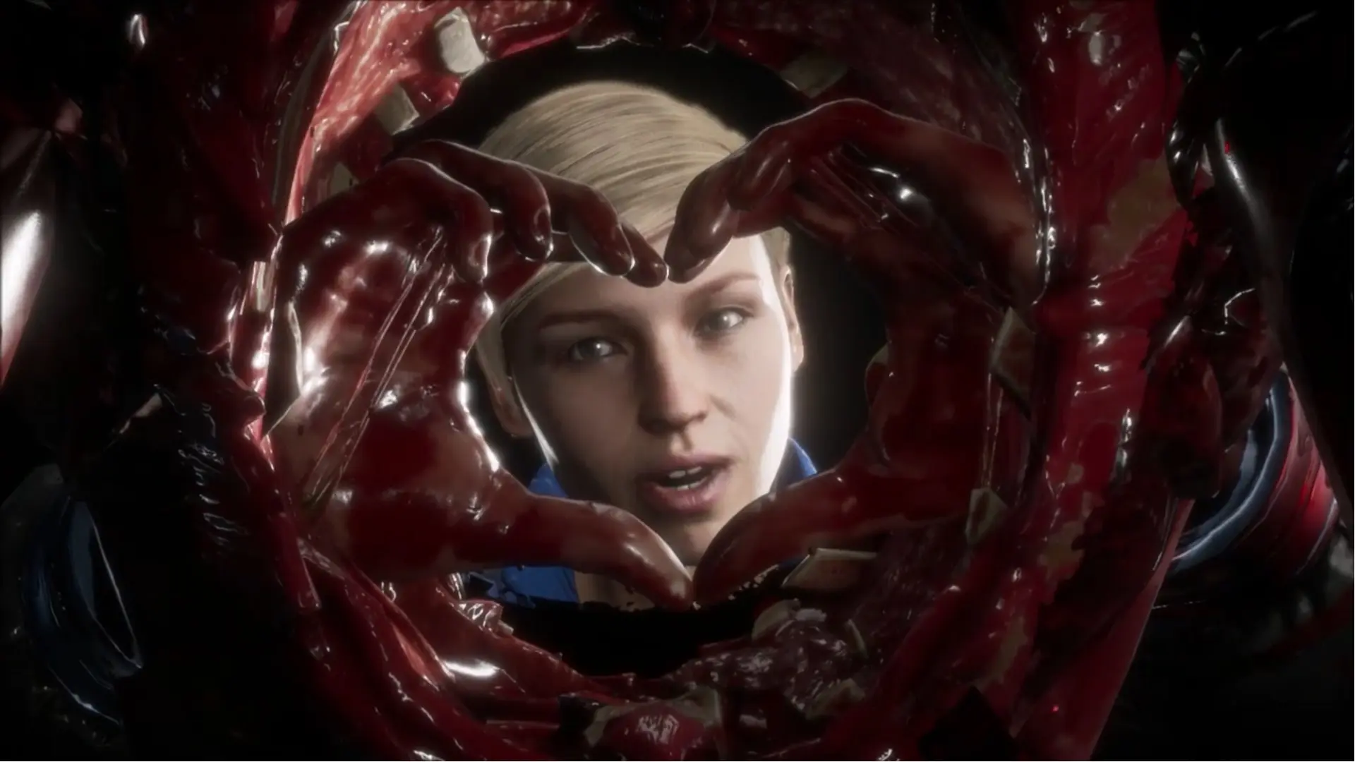 A screenshot of Cassie Cage's I Heart You Fatality in Mortal Kombat 11