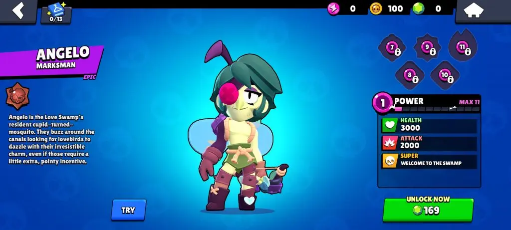 In-game screenshot featuring Angelo in the Brawl Stars shop.