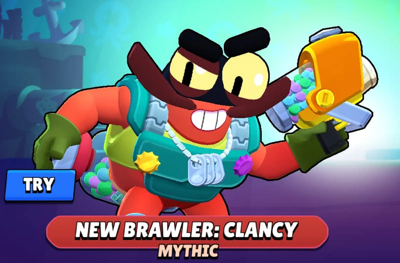 In-game screenshot featuring Clancy's release page in the Brawl Stars shop.