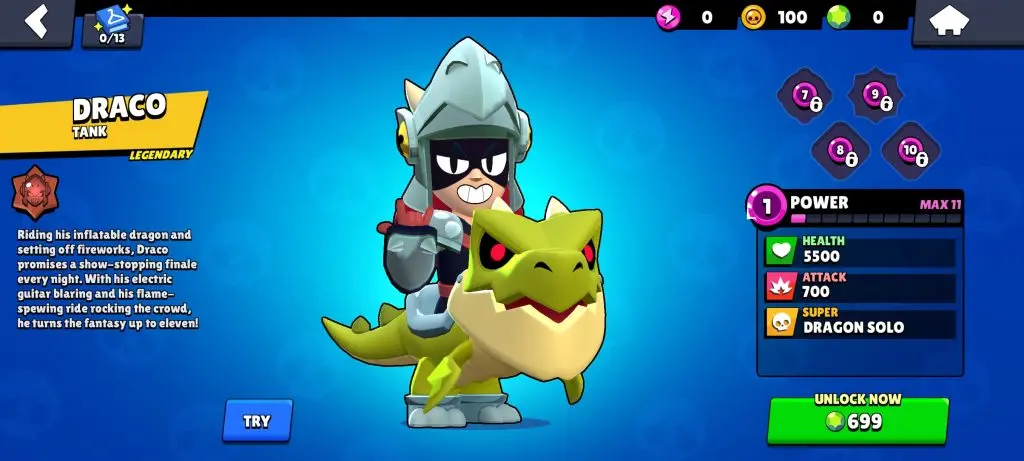 In-game screenshot featuring Draco in the Brawl Stars shop.