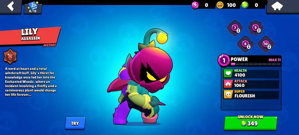 In-game screenshot featuring Lily in the Brawl Stars shop.