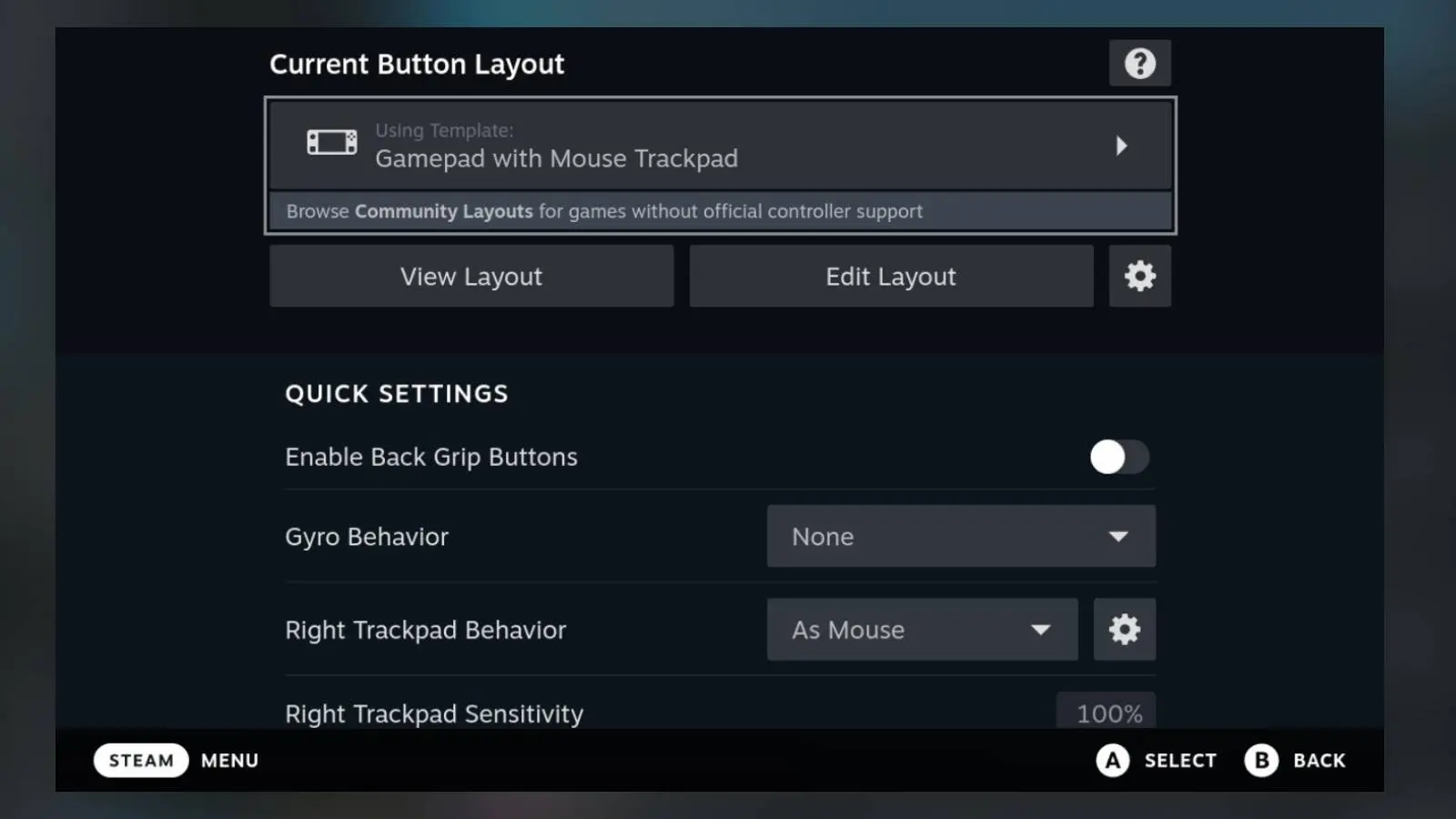 Screenshot of the controller settings on Steam Deck.