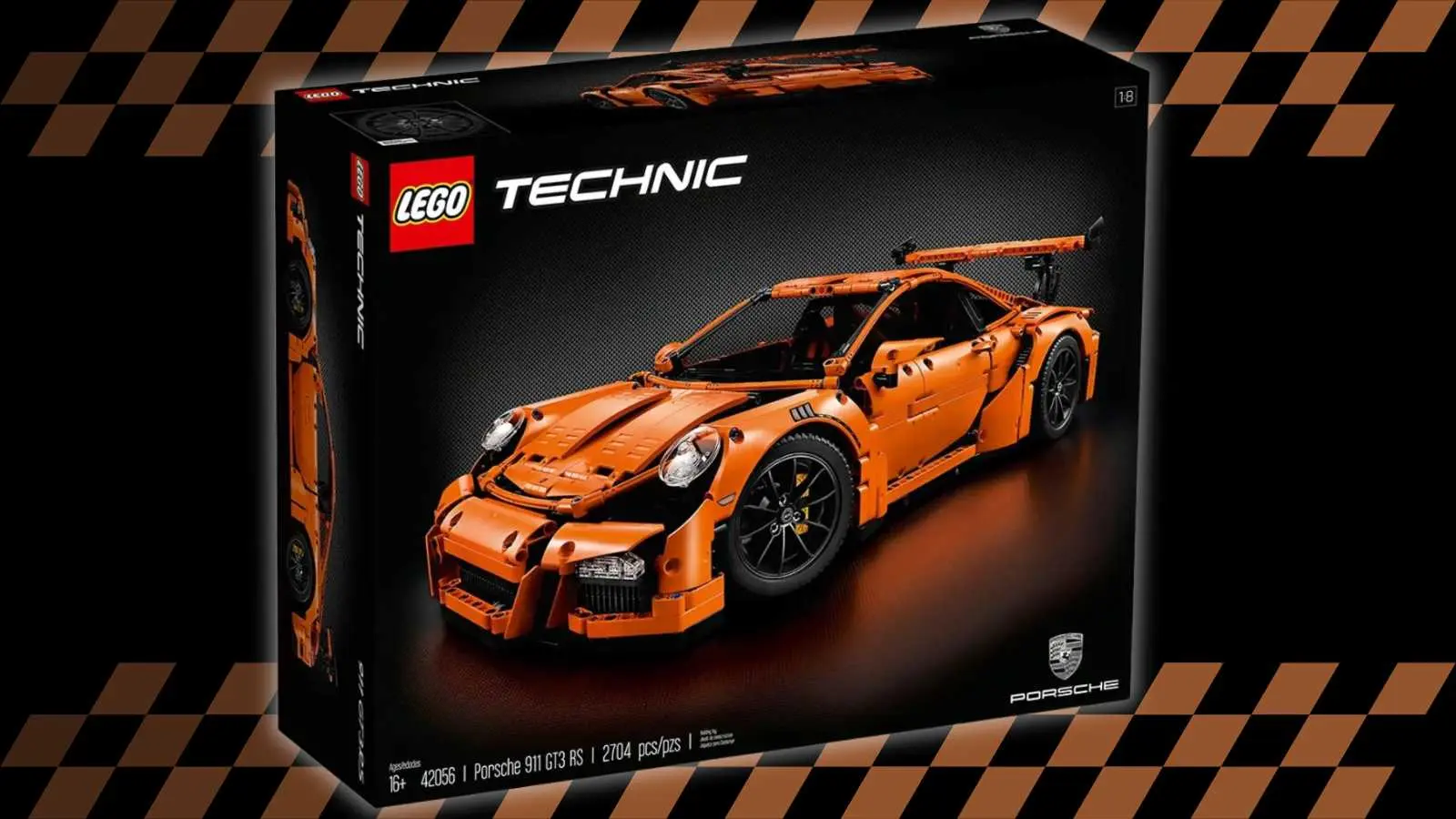 The LEGO Technic Porsche 911 GT3 RS on a black background with orange racing stripes