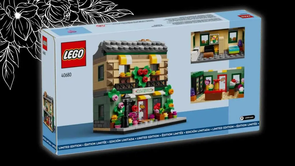 The LEGO Flower Store set on a black background with flower graphic