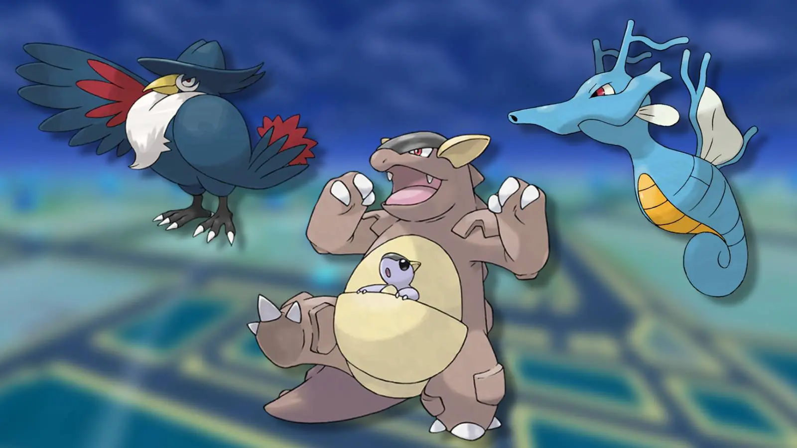 The Pokemon Honchkrow, Kangaskhan, and Kingdra, are all shown against a blurred background