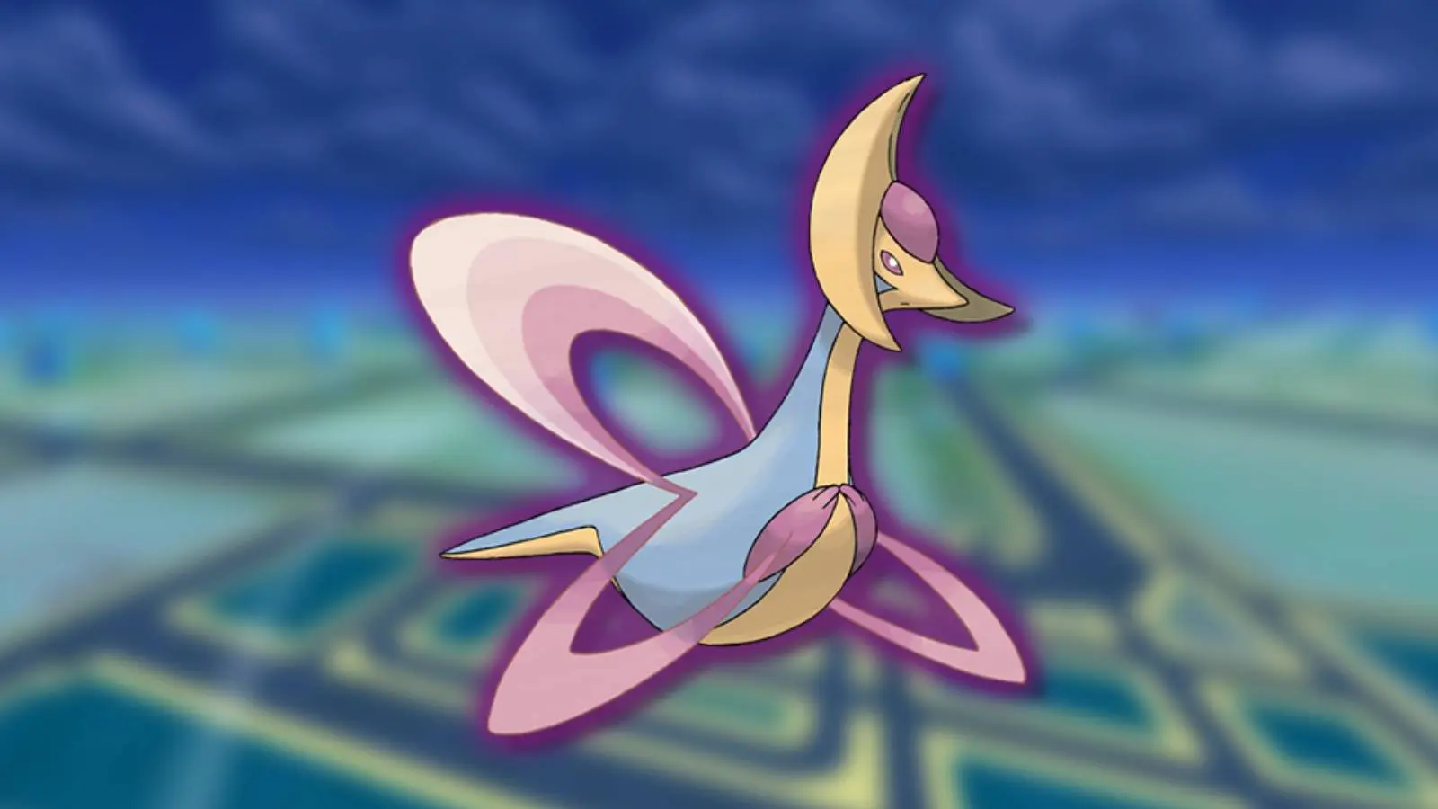 The Pokemon Cresselia is shown against a blurred background