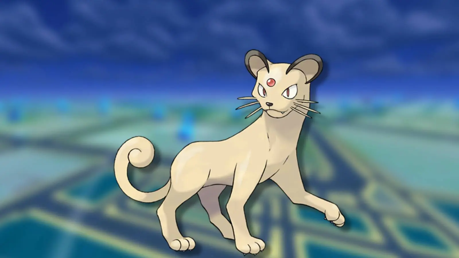 The Pokemon Persian is shown against a blurred background