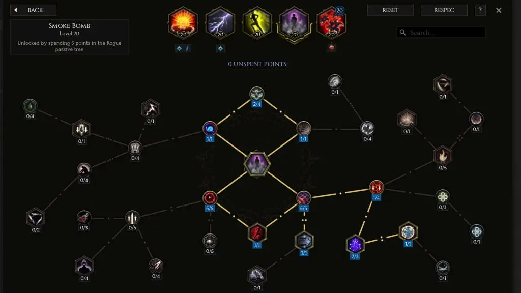 The Smoke Bomb skill tree for the Blast Rain Marksman build in Last Epoch