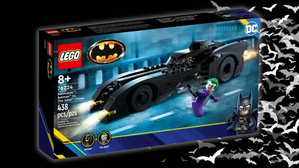 The LEGO Batmobile: Batman vs. The Joker Chase on a black background with bat graphics