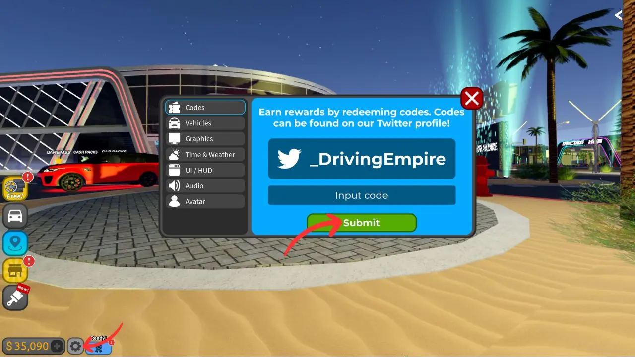 How to redeem codes in Driving Empire