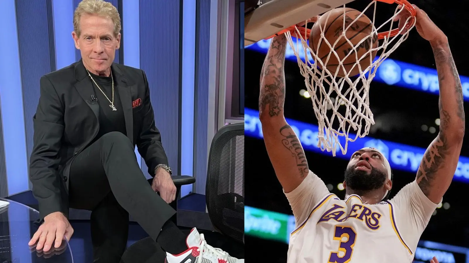 Skip Bayless on the set of FS1's "Undisputed," (left) and Anthony Davis dunking in a game for the Los Angeles Lakers.