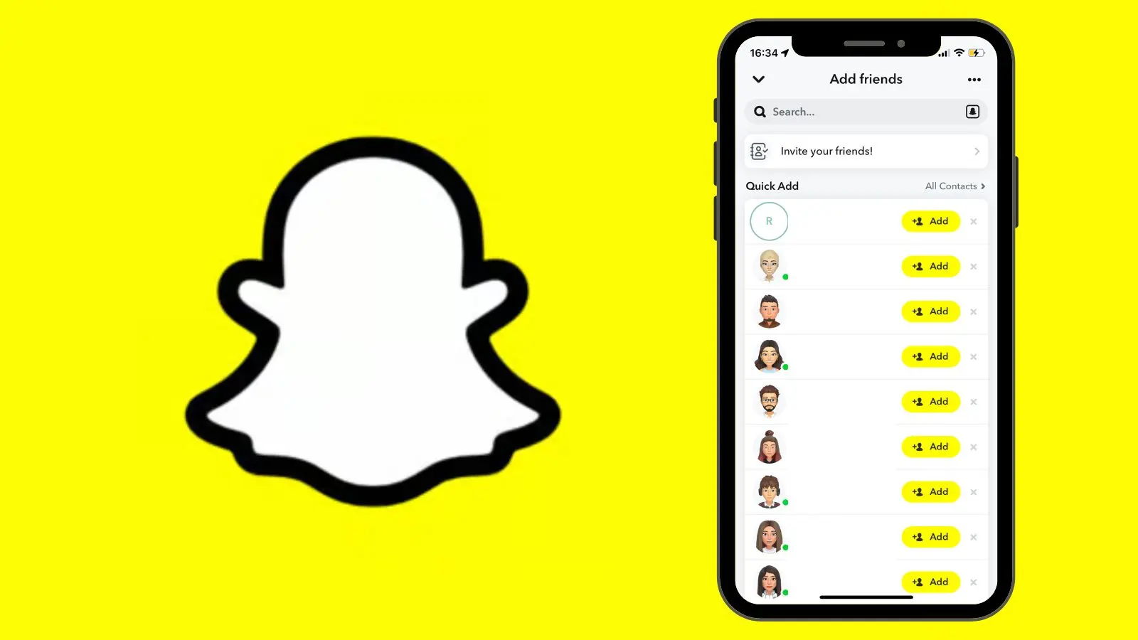 Snapchat logo and phone with snapchat quick add options