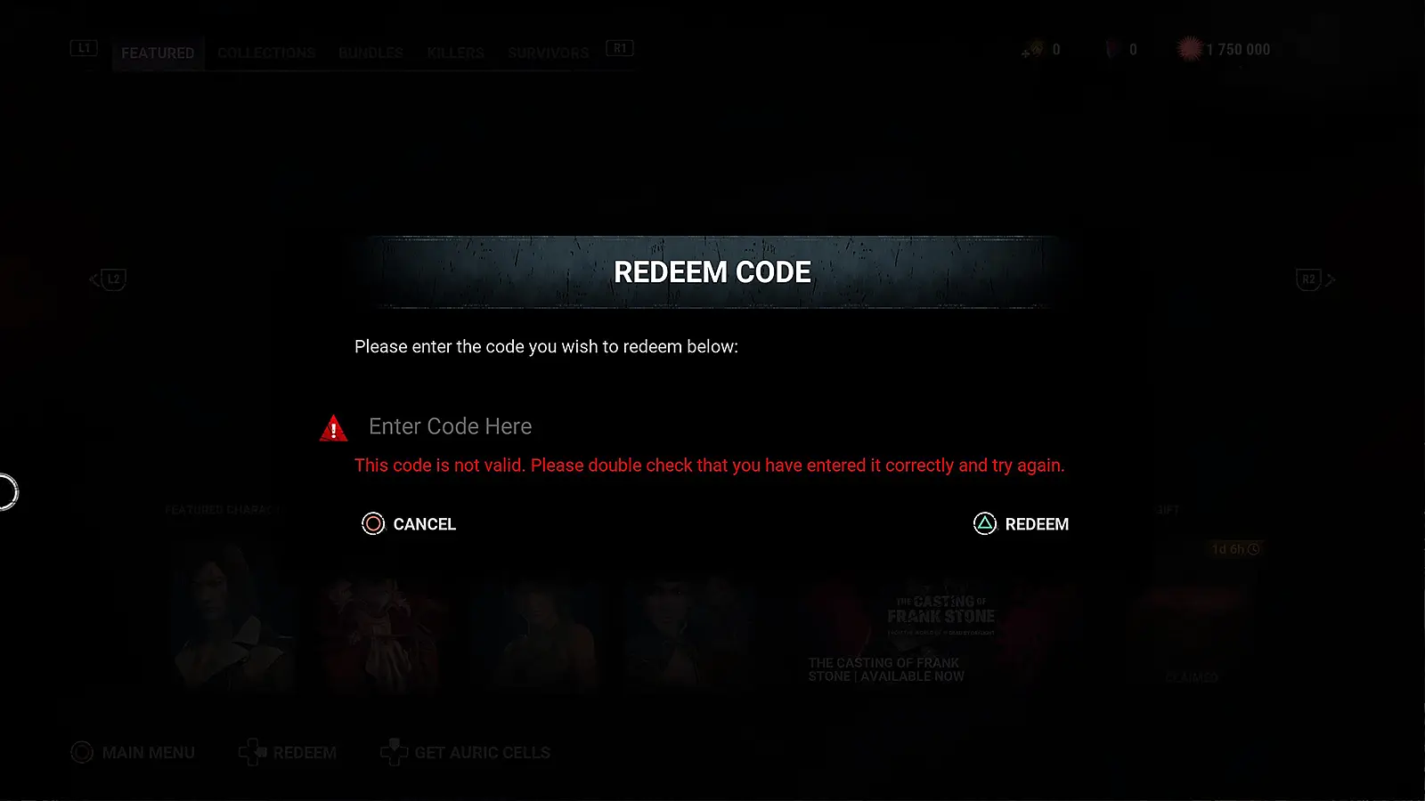 Screen showing the code redemption screen for DbD