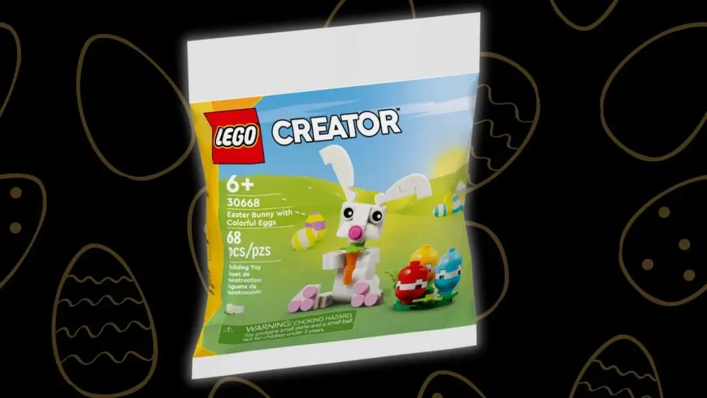 The LEGO Easter Bunny with Colorful Eggs on a black background with Easter egg graphics