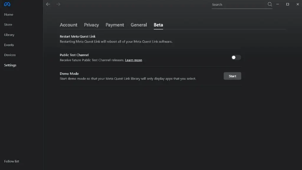 Quest desktop app Beta options