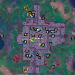 Doomstadt POI chest locations in Fortnite.