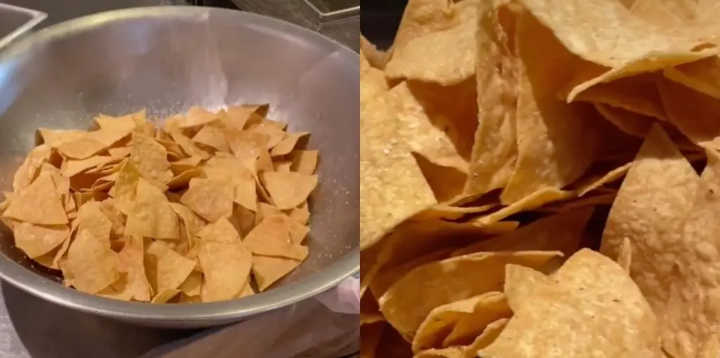 Tortilla chips being made