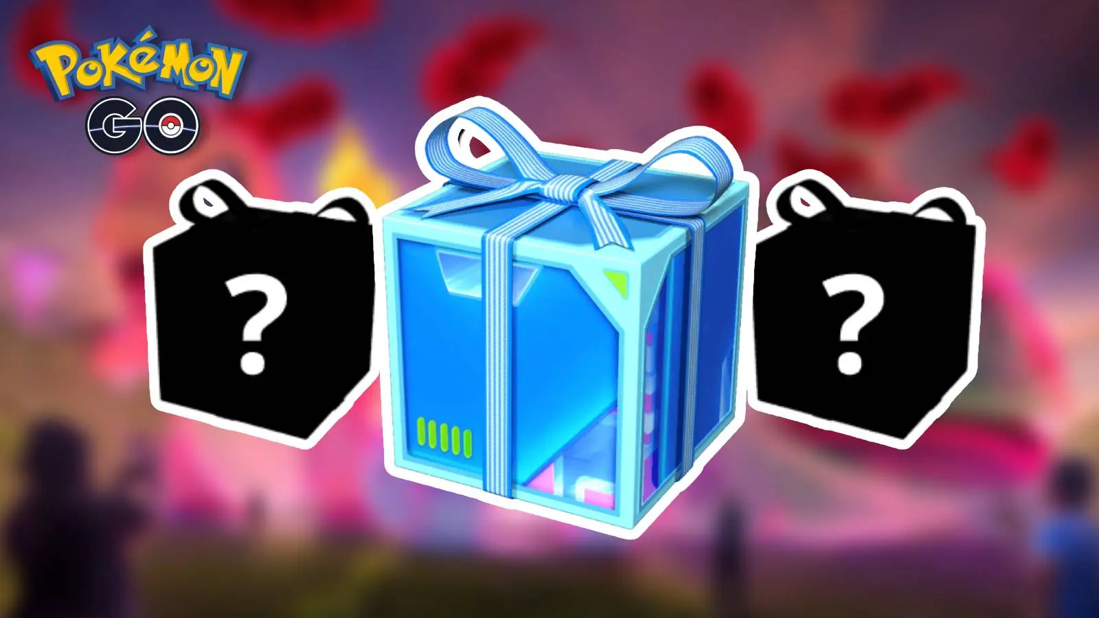 The Pokemon Go bundle box is shown, alongside two blank boxes with question marks on them