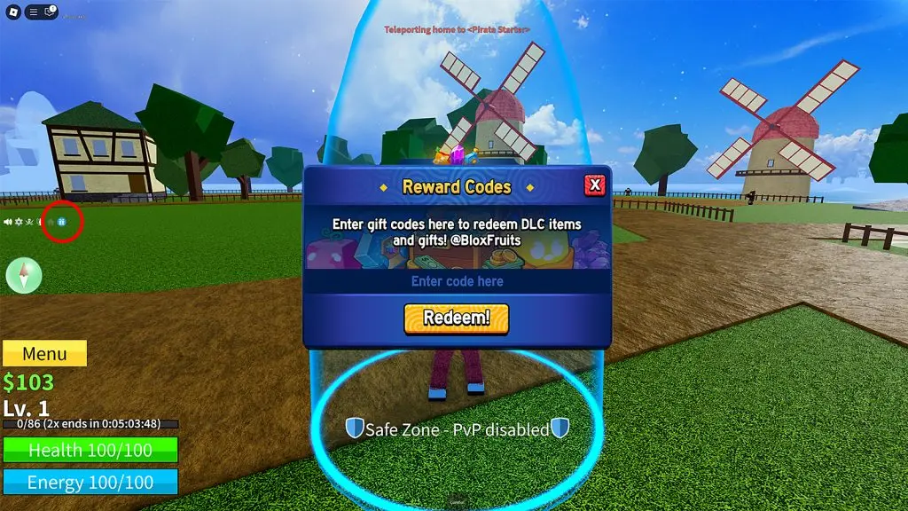 Image of code redemption screen in Blox Fruits