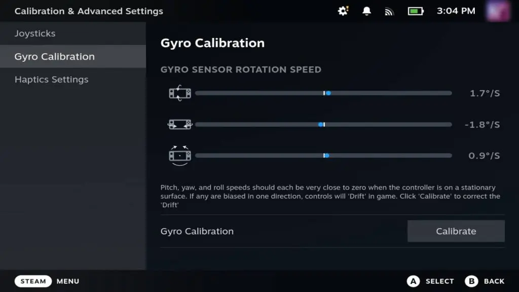 Screenshot of the Steam Deck gyro control settings.