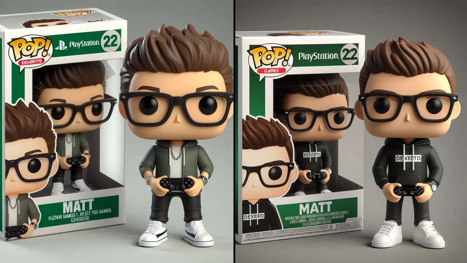 Two Funko Pops wearing white trainers, black jeans, a green hoodie, and glasses. They are holding a PlayStation controller.