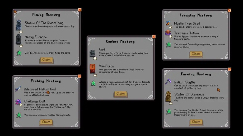 The rewards and perks available for each skill in Stardew Valley's Mastery System