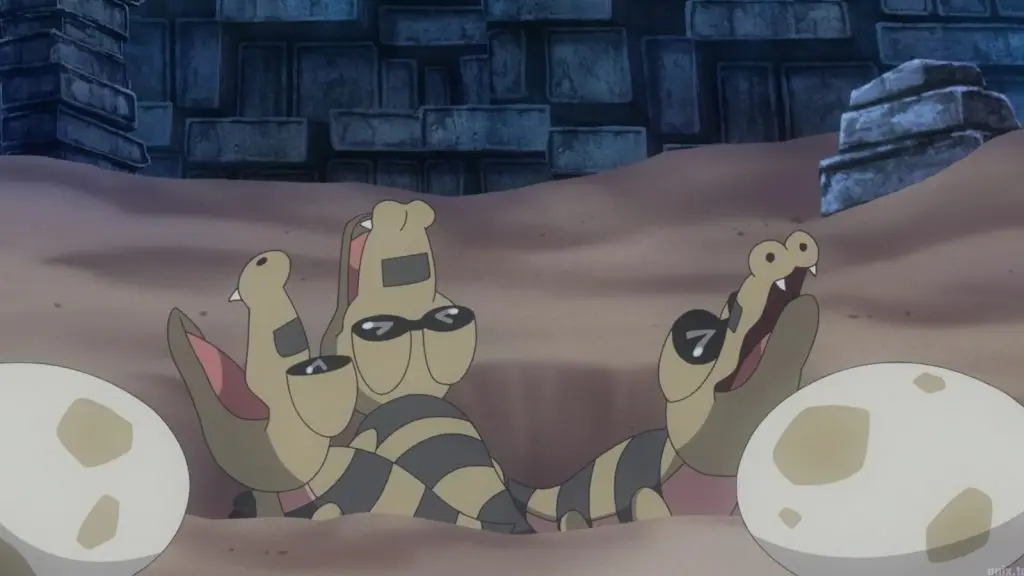 Three baby Sandile waiting to get fed in Pokemon Horizons anime.