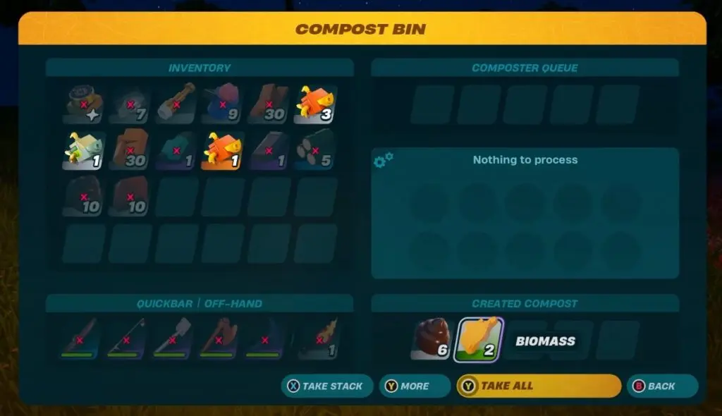 LEGO Fortnite Biomass being produced by a Compost Bin.