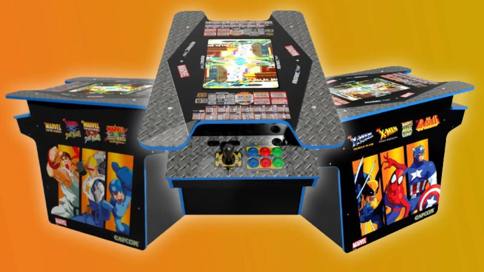 Images of the Marvel vs Capcom arcade table on an orange and yellow background.