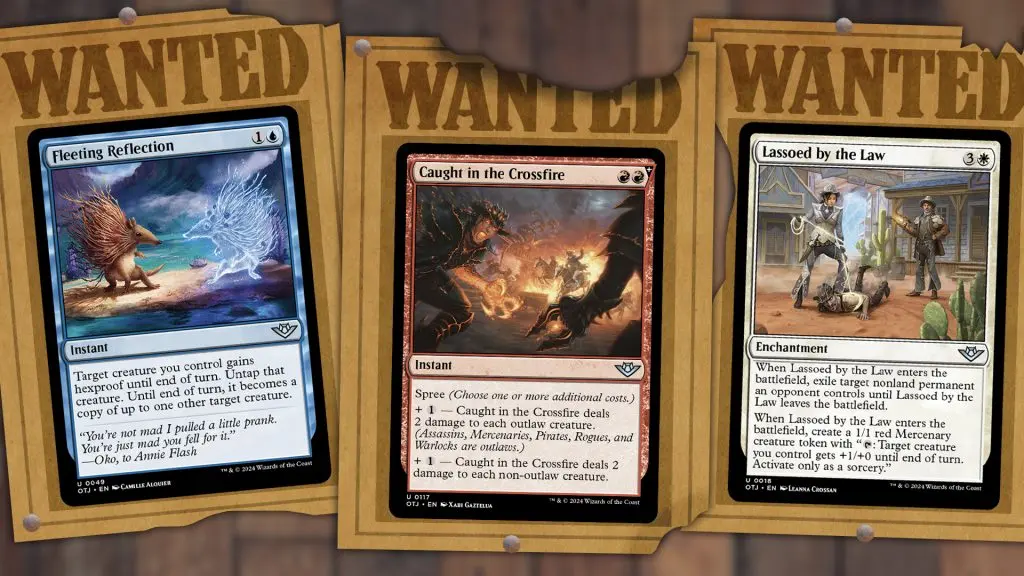 wanted posters featuring the three mtg cards we're revealing in the article