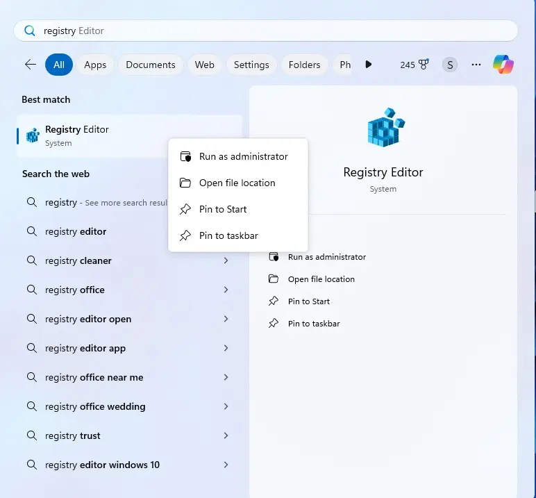 Windows 11 image with run as admin on registry editor app