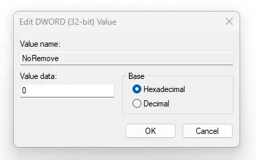 DWORD set to hexidecimal pop up