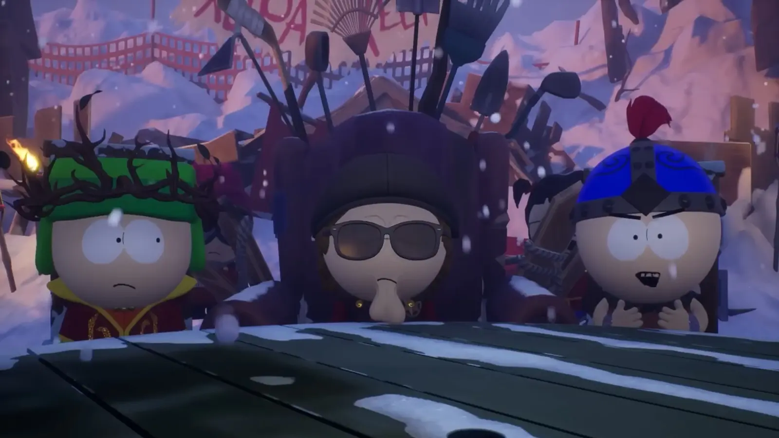 south park snow day screenshot with 3 characters