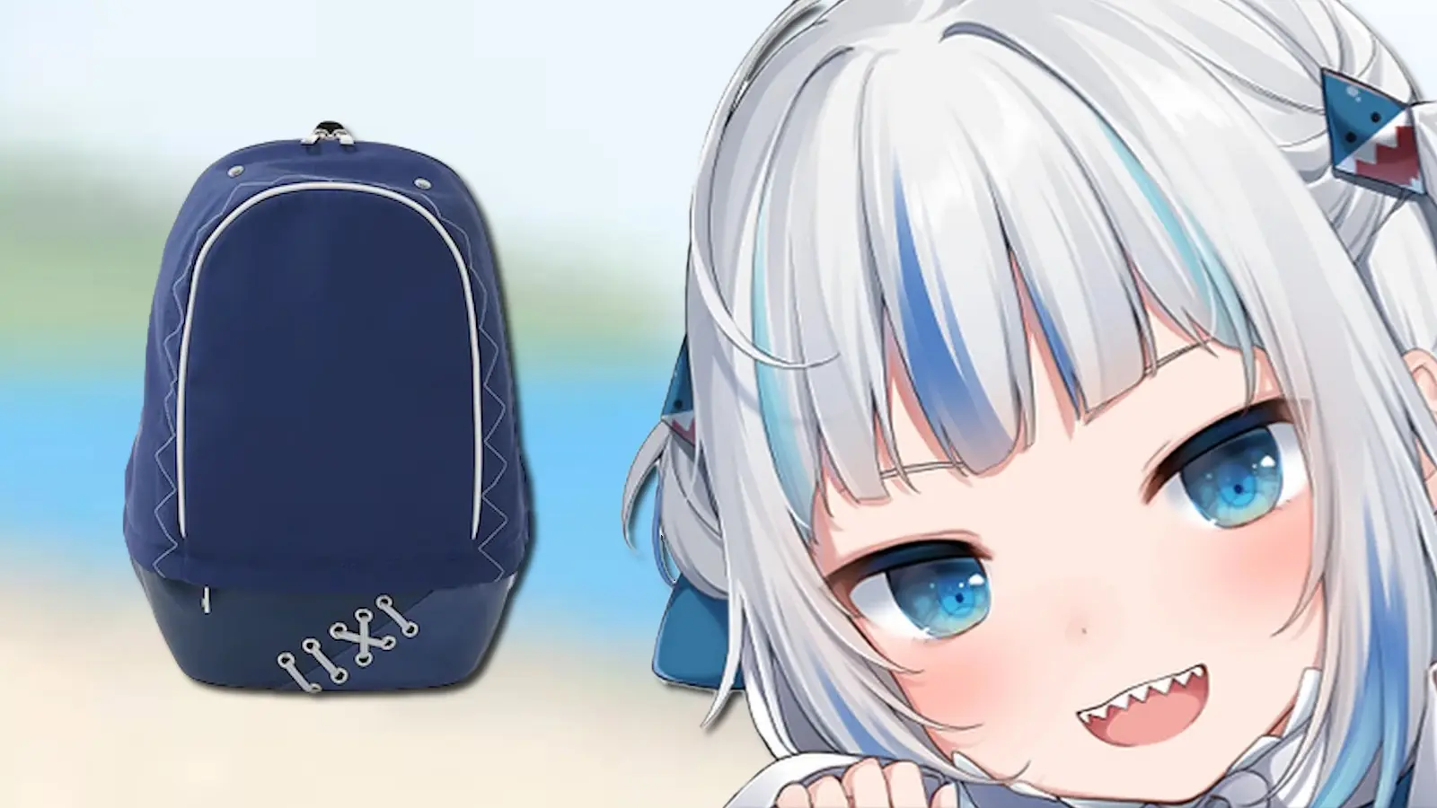 VTuber Gawr Gura from Hololive EN next to backpack merch.