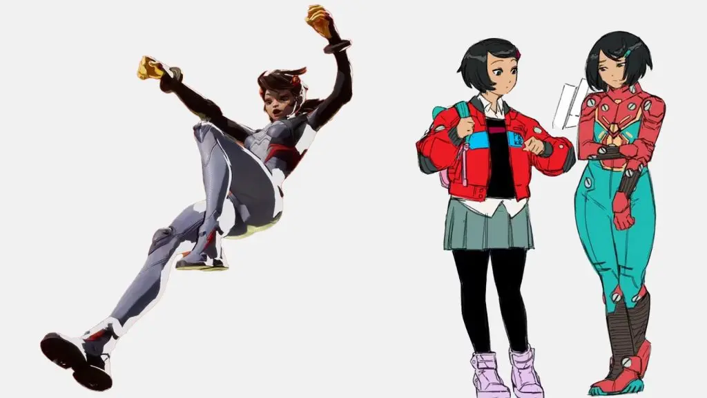 Peni Parker's costume in Marvel Rivals alongside original unused concept designs for the character.