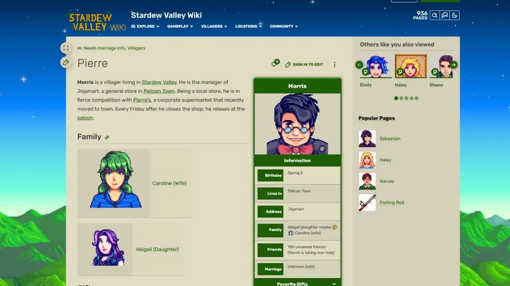 A screen of the Stardew Valley fandom wiki's entry for Pierre, edited to show a portrait of Morris and with Pierre's NPC information replaced