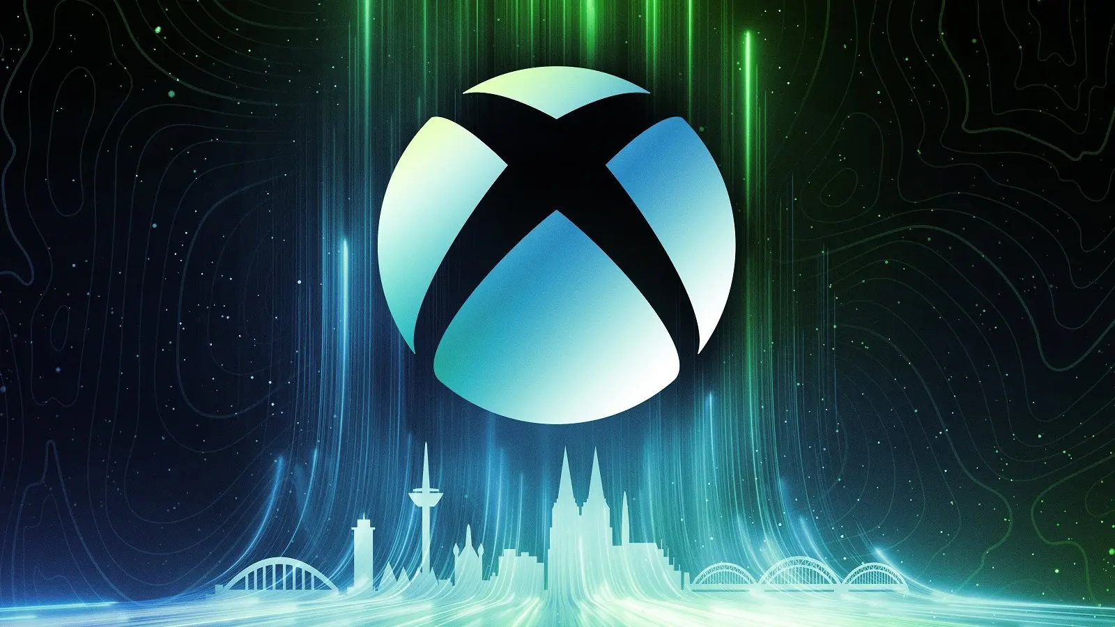 Xbox Logo on gradient background with a city on top of it