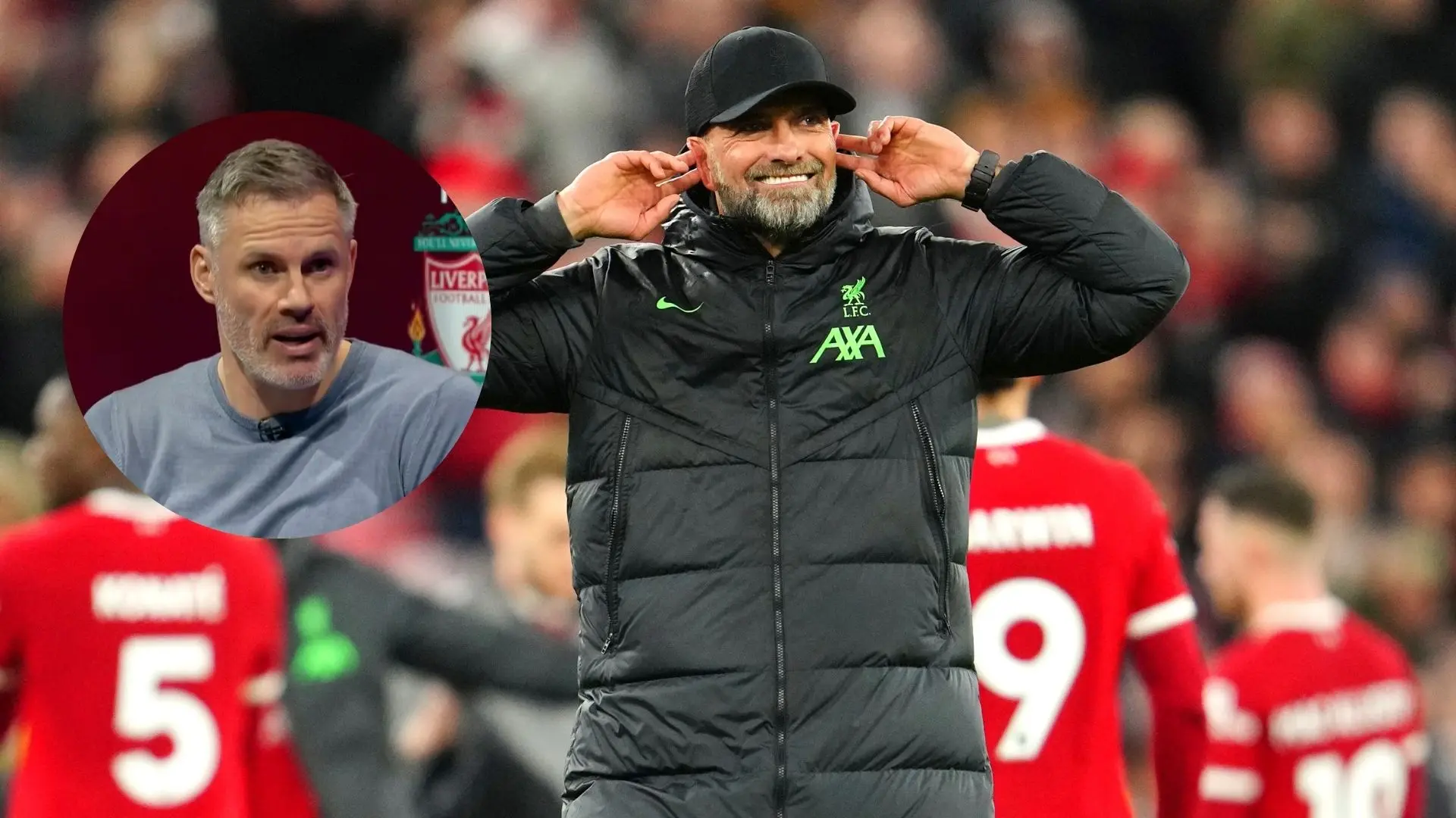 Jamie Carragher (inset) looks at Jurgen Klopp