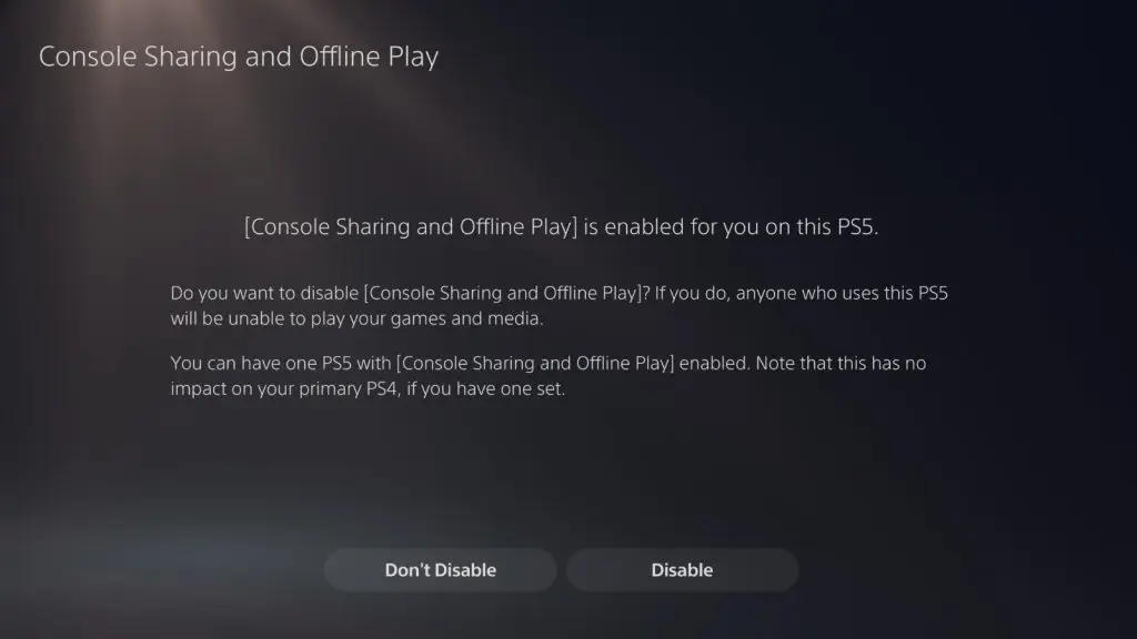 Screenshot of the text prompt that appears on the PS5 when wanting to disable game sharing.