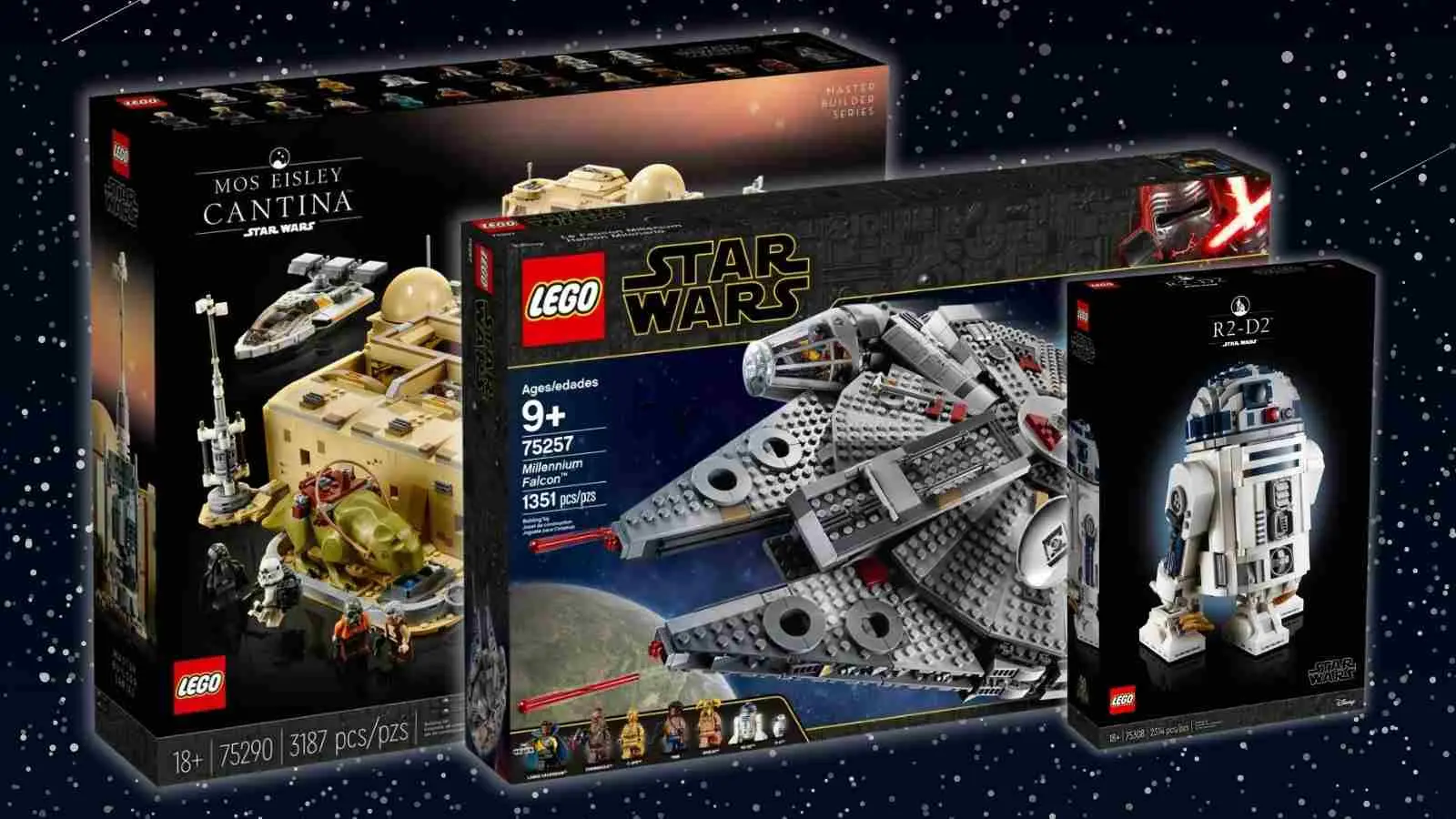 Three of the retiring LEGO Star Wars sets on a galaxy background