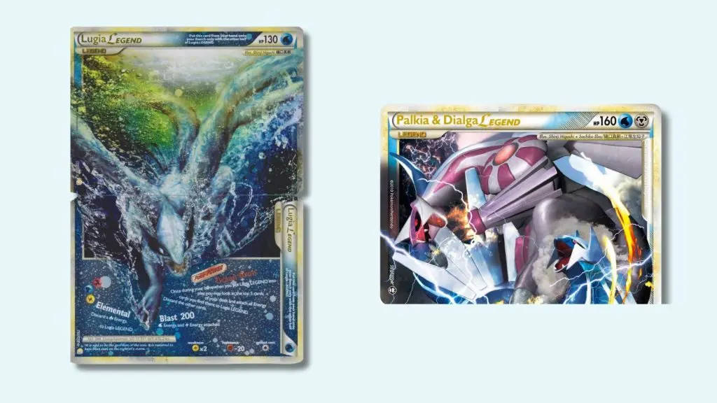 Examples of Pokemon LEGEND cards featuring Lugia, Palkia, and Dialga.