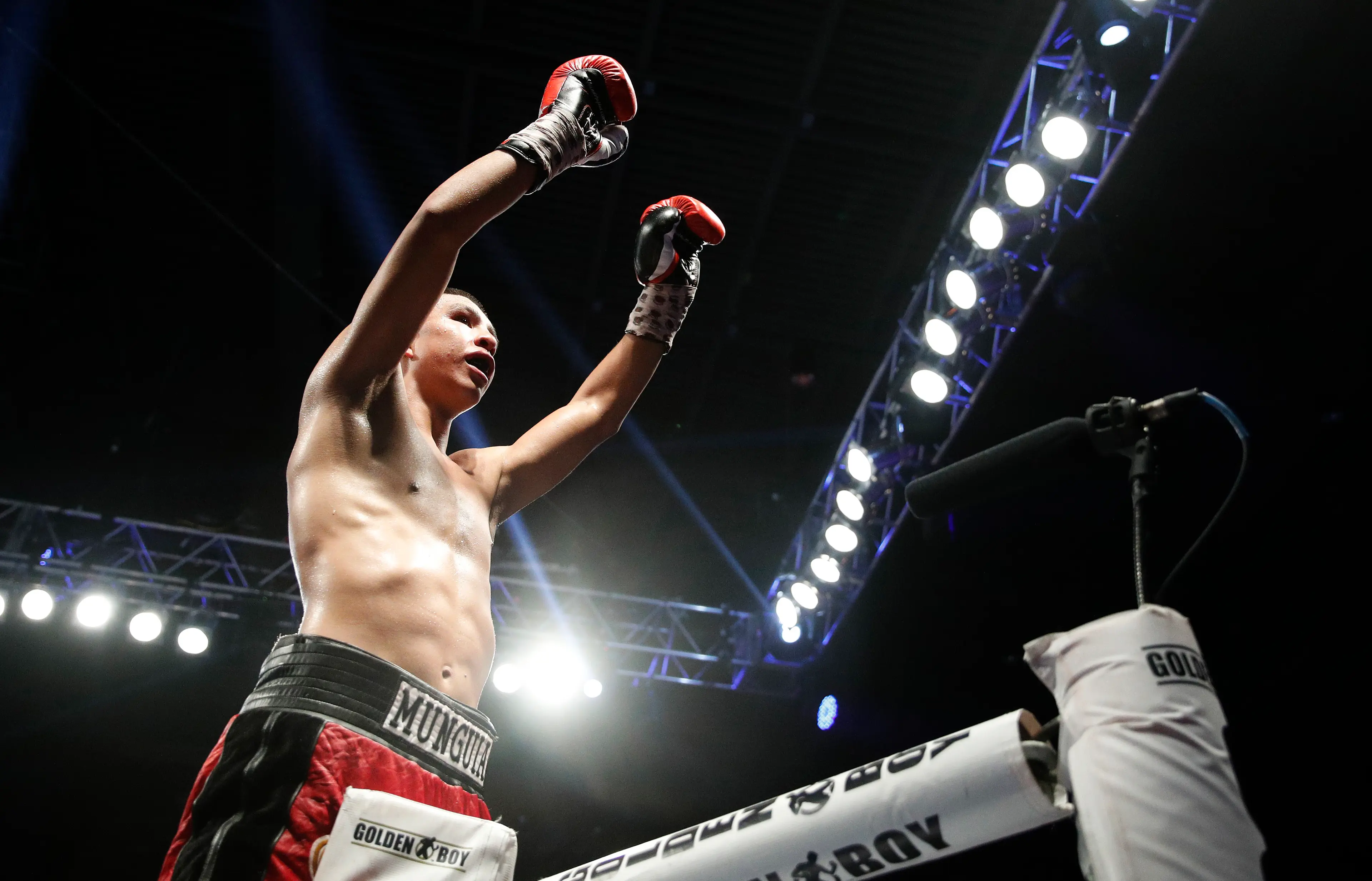 Jaime Munguia, of Mexico, celebrates after defeating Liam Smith, of England, in the WBO junior middleweight title boxing bout Saturday, July 21, 2018, in Las Vegas.