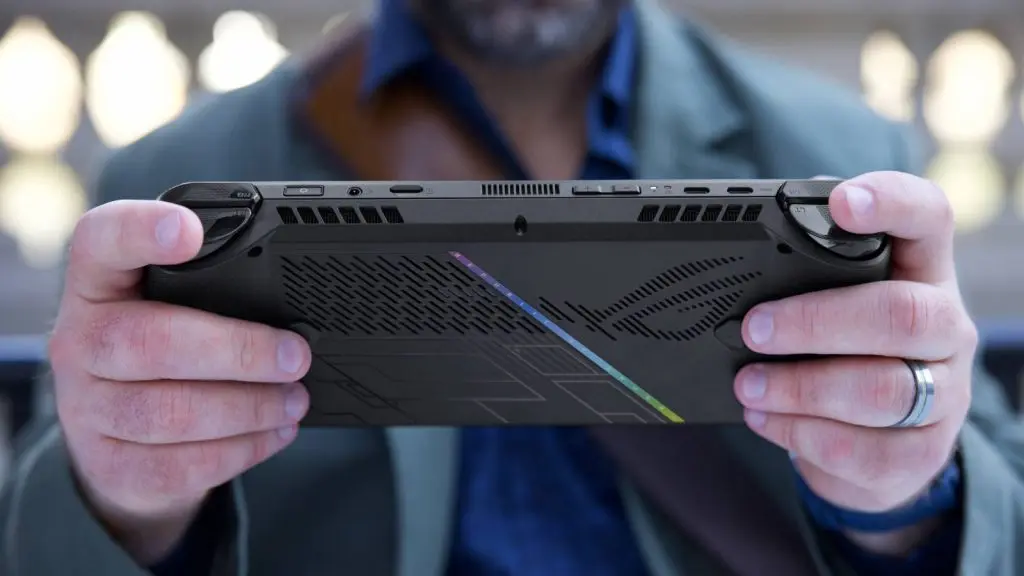 Promotional image for the ROG Ally X handheld.