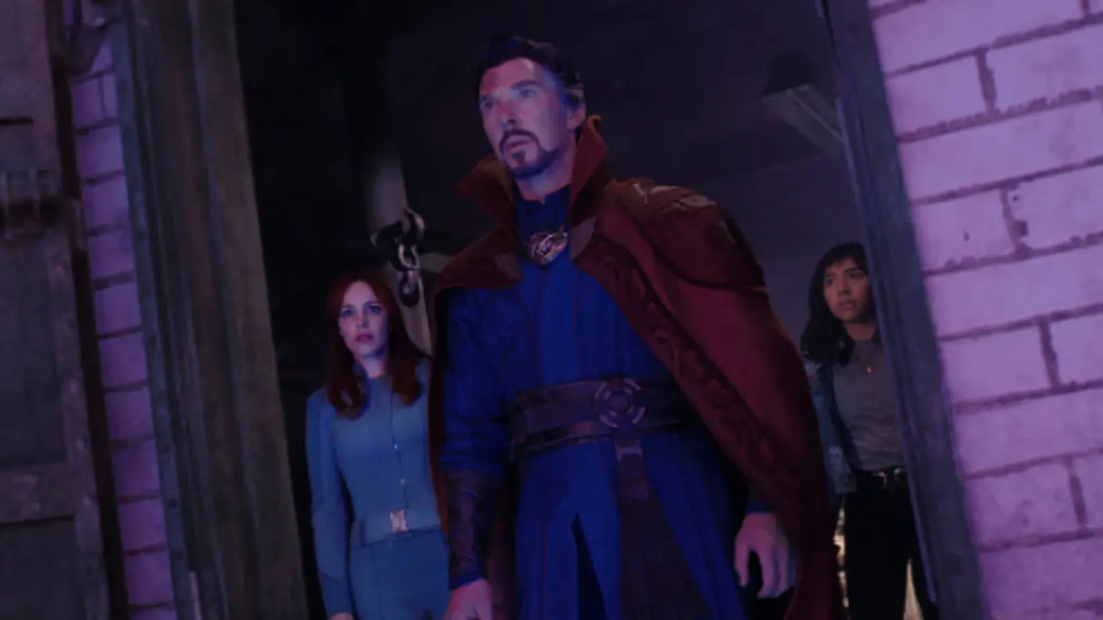 Benedict Cumberbatch, Rachel McAdams, and Xochitl Gomez in Doctor Strange 2