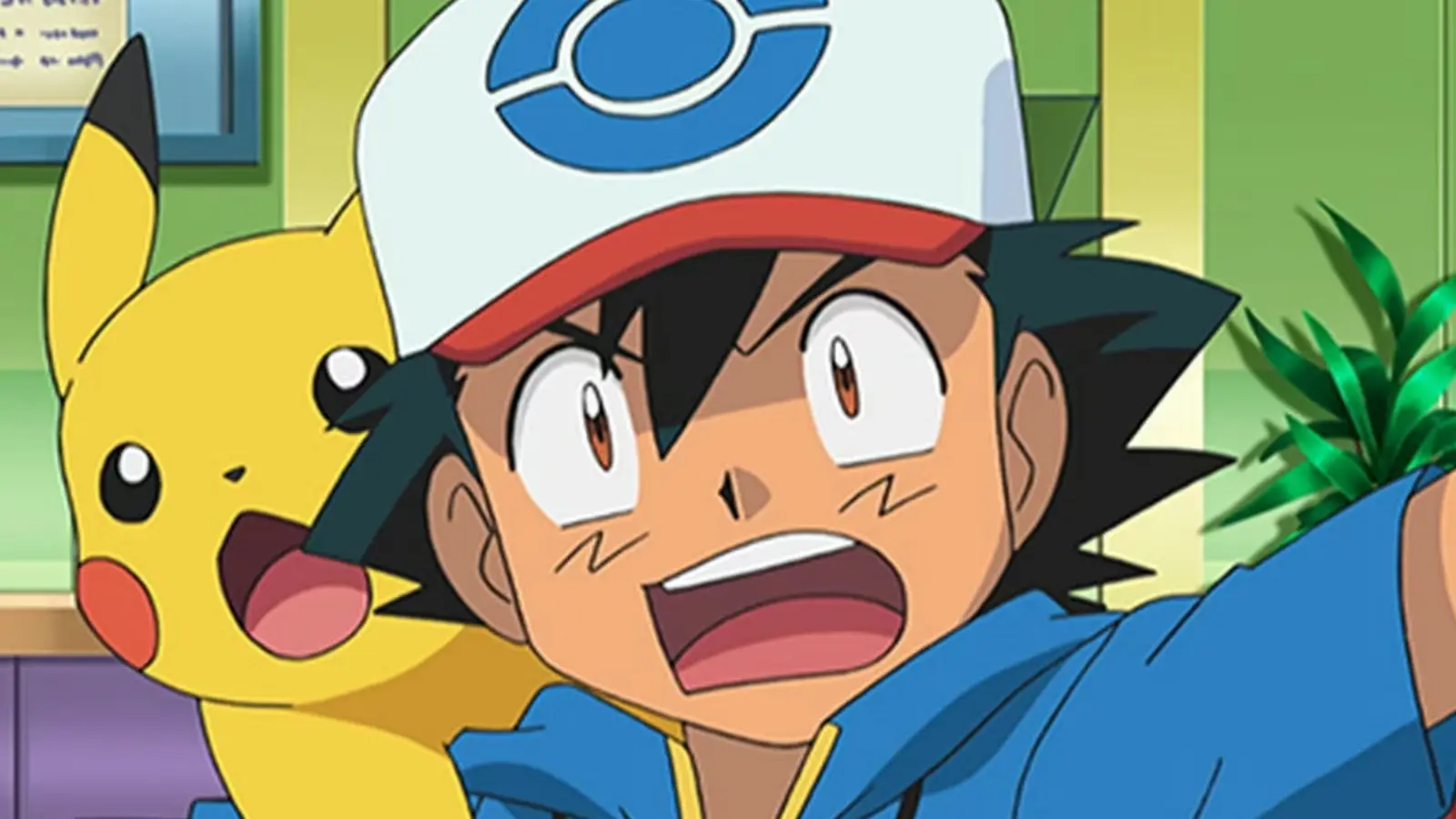 Ash Ketchum and Pikachu from Pokemon being scared.