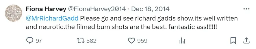 A screenshot of Fiona Harvey's tweet to Richard Gadd